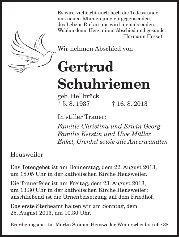  Traueranzeige für Gertrud Schuhriemen vom 21.08.2013 aus saarbruecker_zeitung