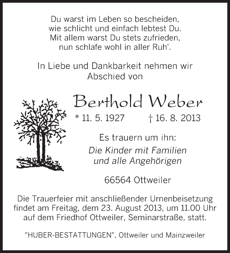  Traueranzeige für Berthold Weber vom 20.08.2013 aus saarbruecker_zeitung