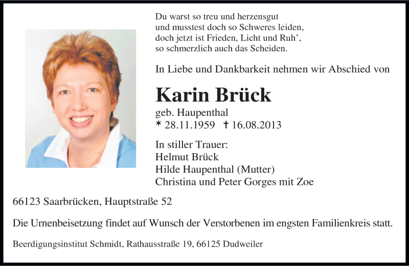  Traueranzeige für Karin Brück vom 21.08.2013 aus saarbruecker_zeitung