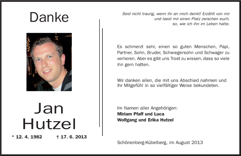  Traueranzeige für Jan Hutzel vom 21.08.2013 aus saarbruecker_zeitung