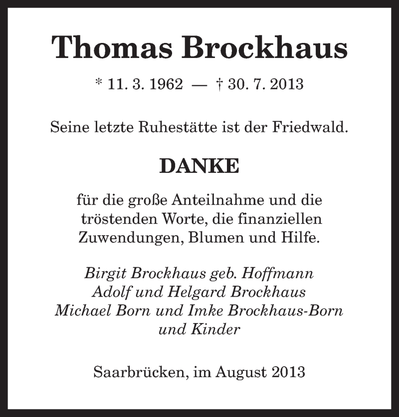  Traueranzeige für Thomas Brockhaus vom 24.08.2013 aus saarbruecker_zeitung