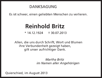 Traueranzeige von Reinhold Britz von saarbruecker_zeitung