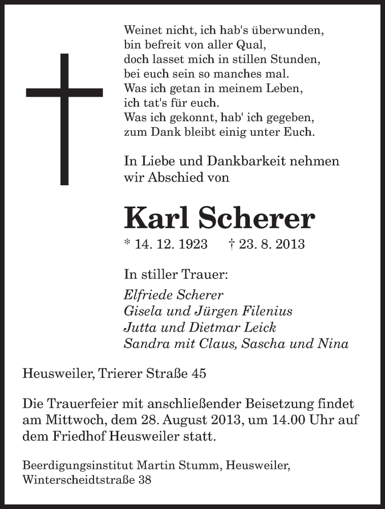  Traueranzeige für Karl Scherer vom 26.08.2013 aus saarbruecker_zeitung