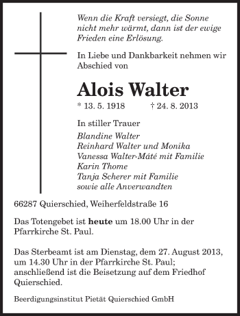 Traueranzeige von Alois Walter von saarbruecker_zeitung