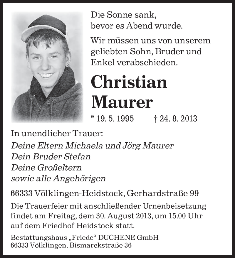  Traueranzeige für Christian Maurer vom 28.08.2013 aus saarbruecker_zeitung