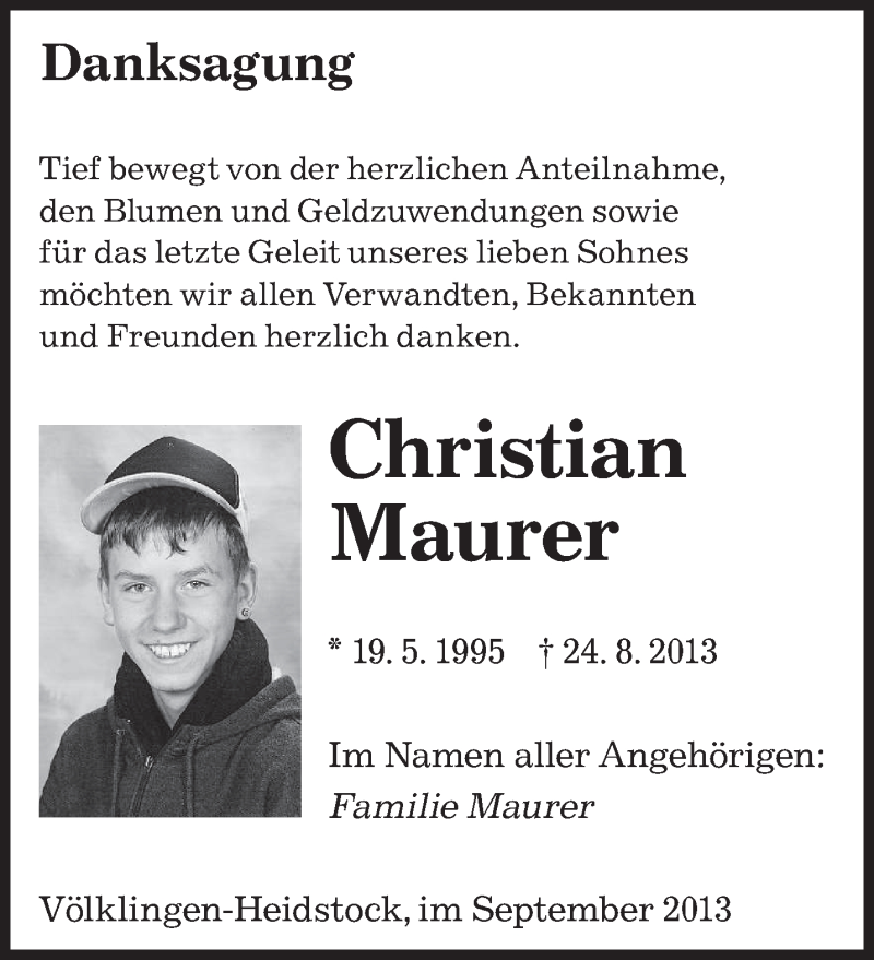  Traueranzeige für Christian Maurer vom 21.09.2013 aus saarbruecker_zeitung