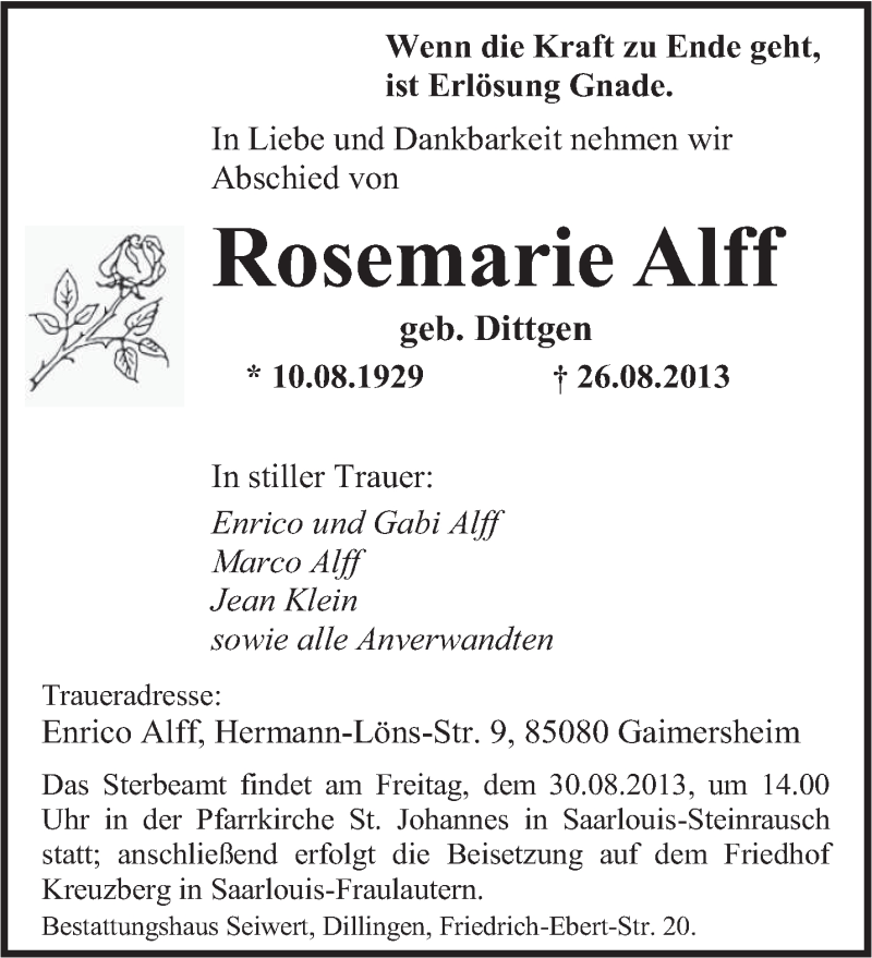  Traueranzeige für Rosemarie Alff vom 28.08.2013 aus saarbruecker_zeitung
