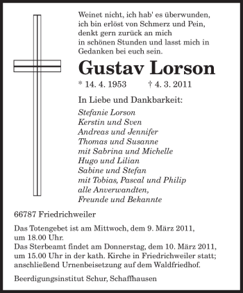 Traueranzeige von Gustav Lorson von SAARBRÜCKER ZEITUNG