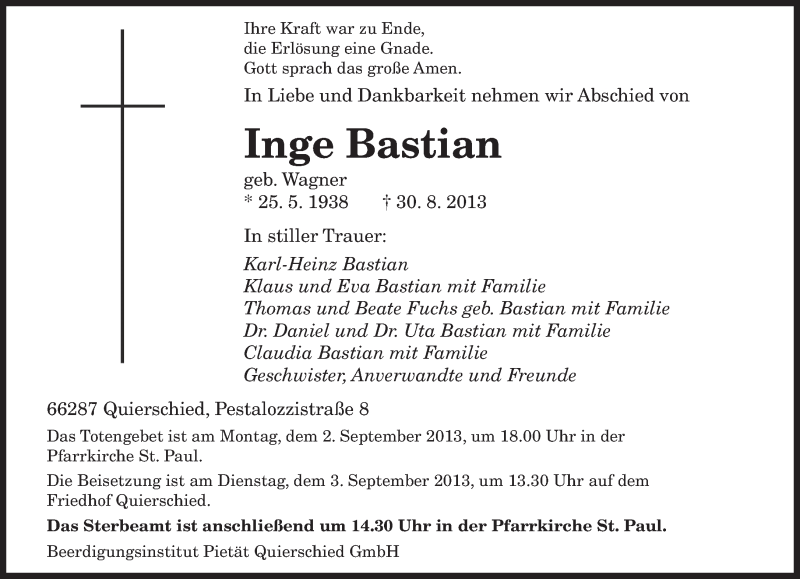  Traueranzeige für Inge Bastian vom 31.08.2013 aus saarbruecker_zeitung