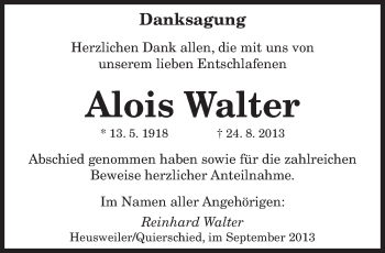 Traueranzeige von Alois Walter von saarbruecker_zeitung