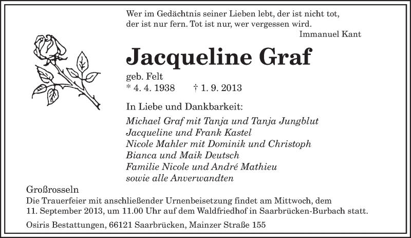  Traueranzeige für Jacqueline Graf vom 07.09.2013 aus saarbruecker_zeitung