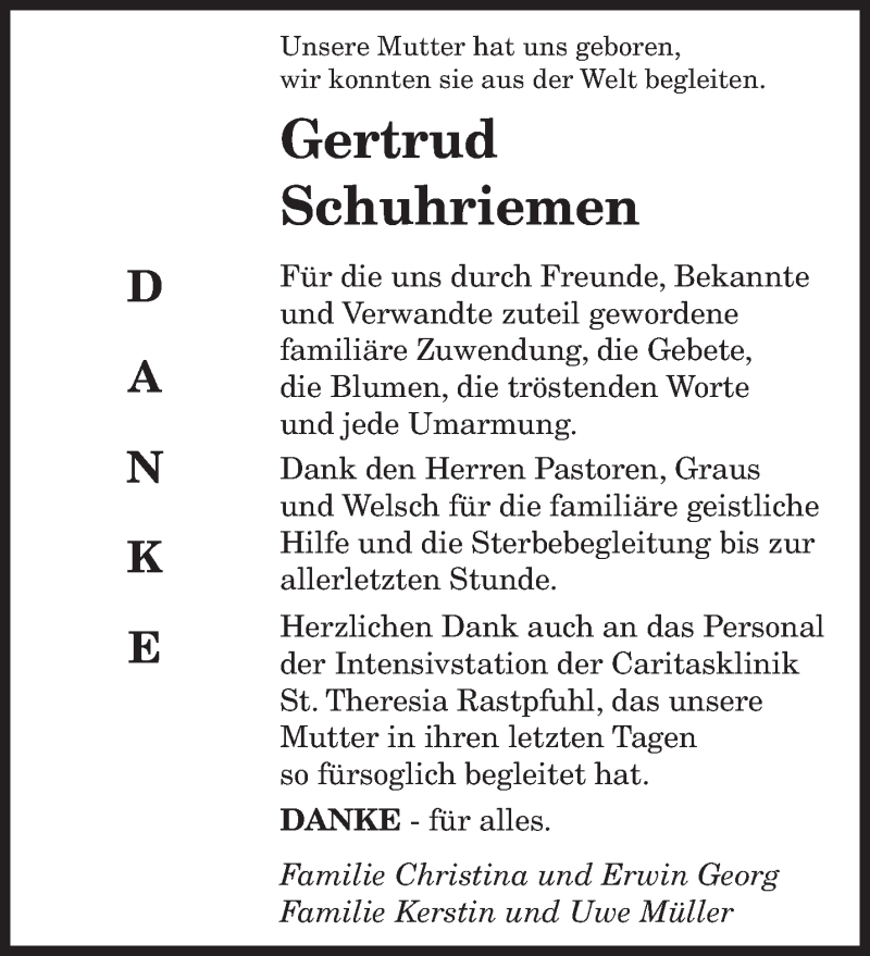  Traueranzeige für Gertrud Schuhriemen vom 11.09.2013 aus saarbruecker_zeitung