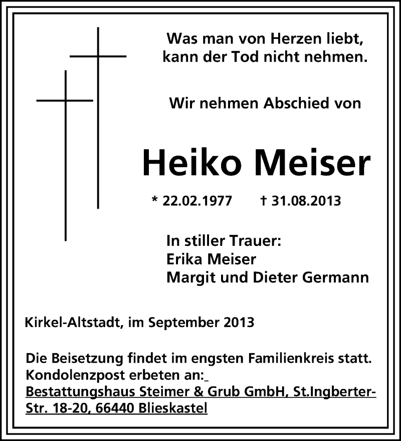  Traueranzeige für Heiko Meiser vom 06.09.2013 aus saarbruecker_zeitung