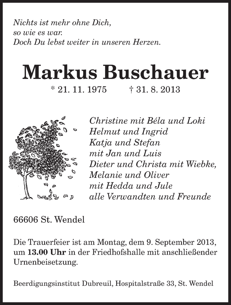  Traueranzeige für Markus Buschauer vom 06.09.2013 aus saarbruecker_zeitung