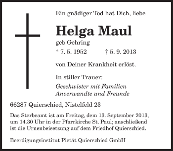 Traueranzeige von Helga Maul von saarbruecker_zeitung