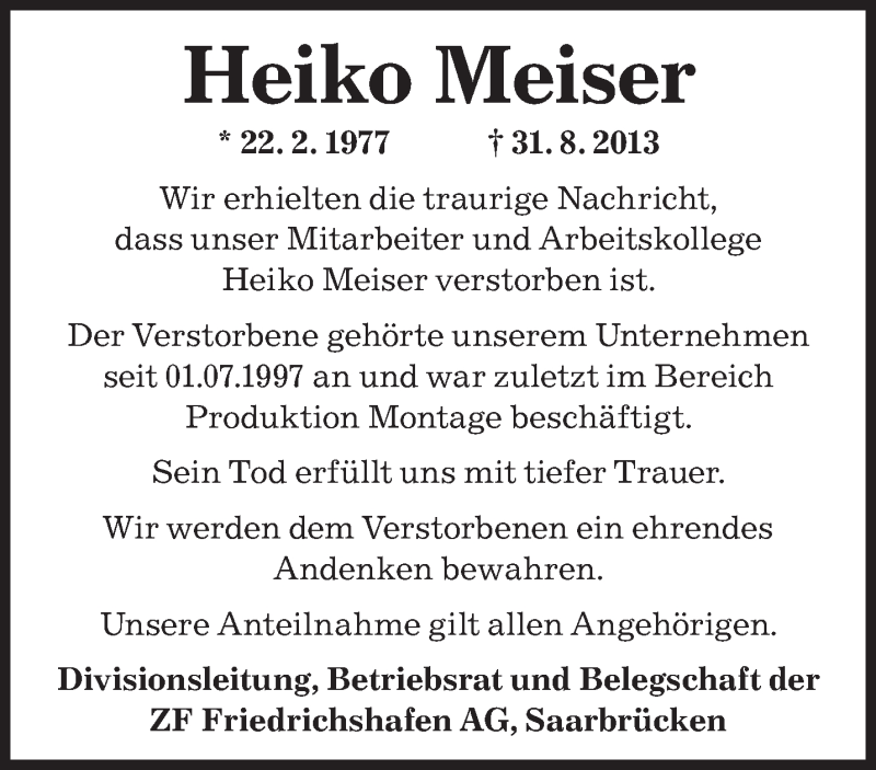  Traueranzeige für Heiko Meiser vom 11.09.2013 aus saarbruecker_zeitung