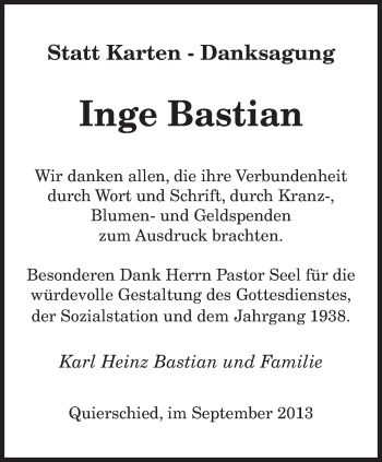 Traueranzeige von Inge Bastian von saarbruecker_zeitung