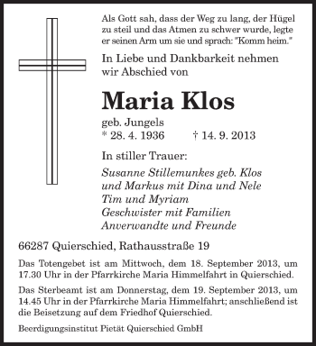 Traueranzeige von Maria Klos von saarbruecker_zeitung