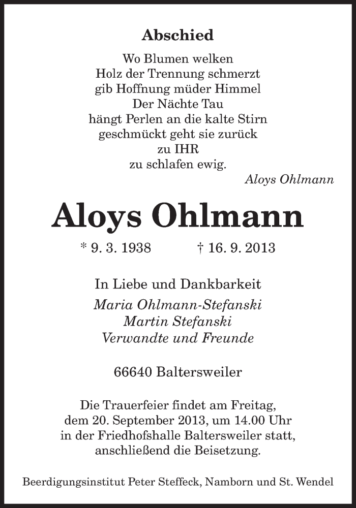  Traueranzeige für Aloys Ohlmann vom 18.09.2013 aus saarbruecker_zeitung