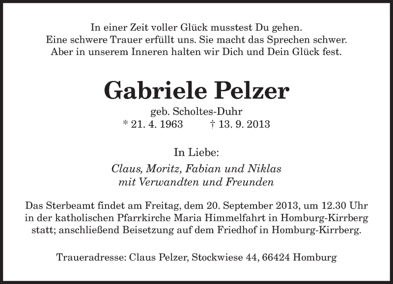  Traueranzeige für Gabriele Pelzer vom 18.09.2013 aus saarbruecker_zeitung