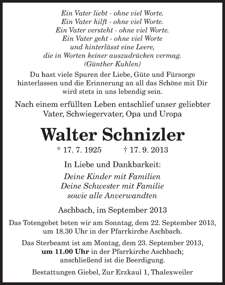  Traueranzeige für Walter Schnizler vom 21.09.2013 aus saarbruecker_zeitung