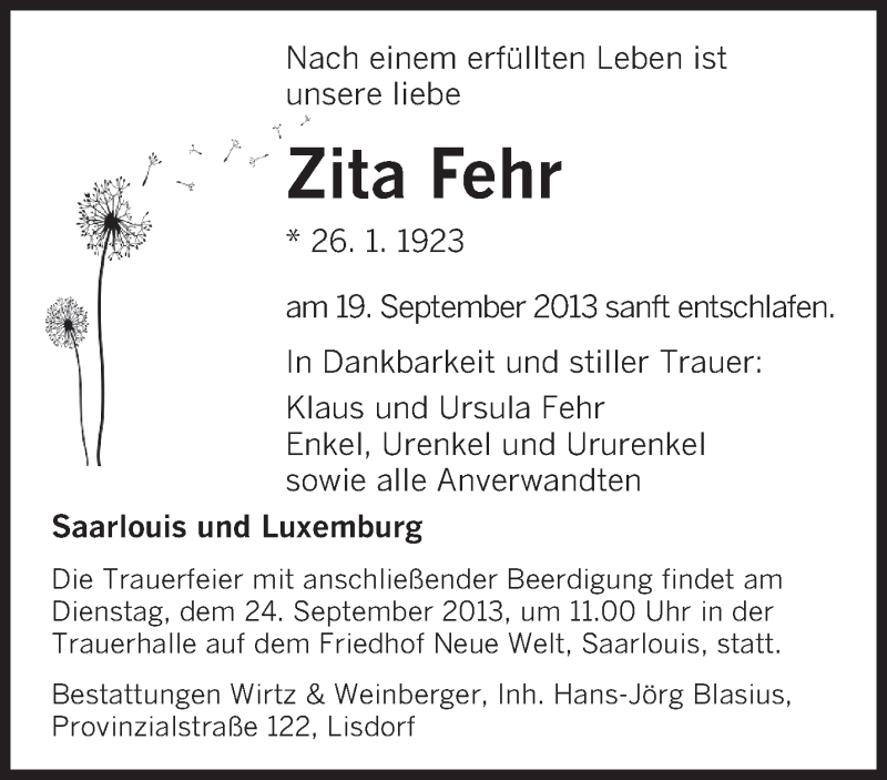  Traueranzeige für Zita Fehr vom 21.09.2013 aus saarbruecker_zeitung