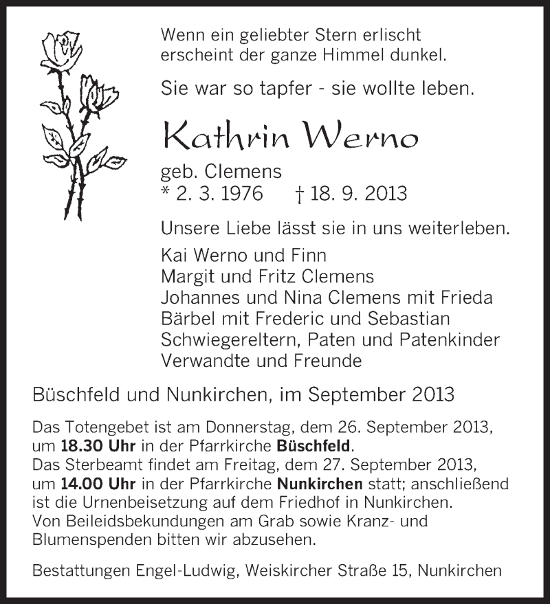  Traueranzeige für Kathrin Werno vom 21.09.2013 aus saarbruecker_zeitung