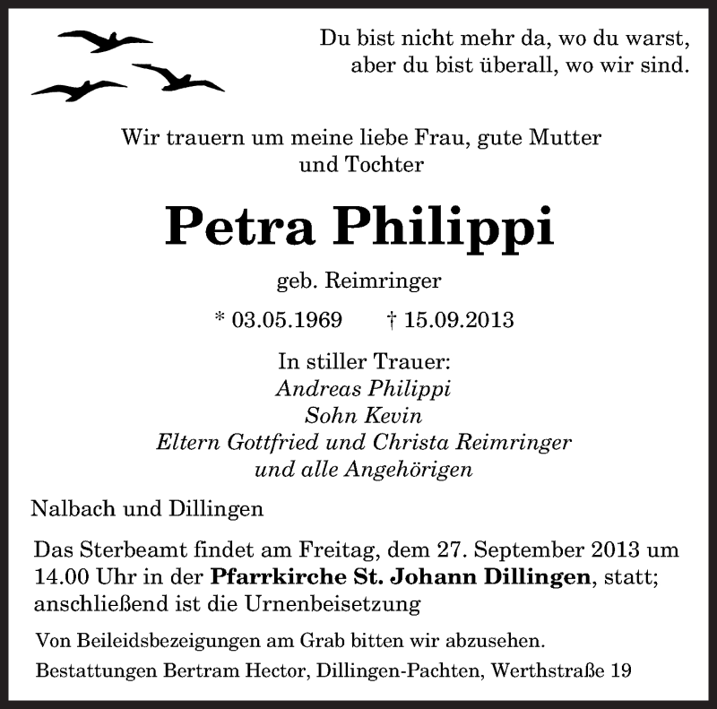  Traueranzeige für Petra Philippi vom 24.09.2013 aus saarbruecker_zeitung
