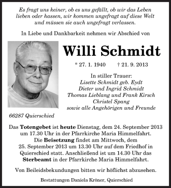 Traueranzeige von Willi Schmidt von saarbruecker_zeitung