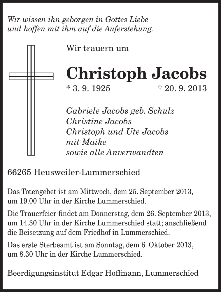  Traueranzeige für Christoph Jacobs vom 24.09.2013 aus saarbruecker_zeitung