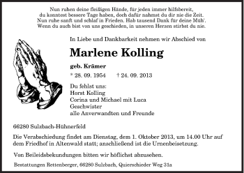 Traueranzeige von Marlene Kolling von saarbruecker_zeitung