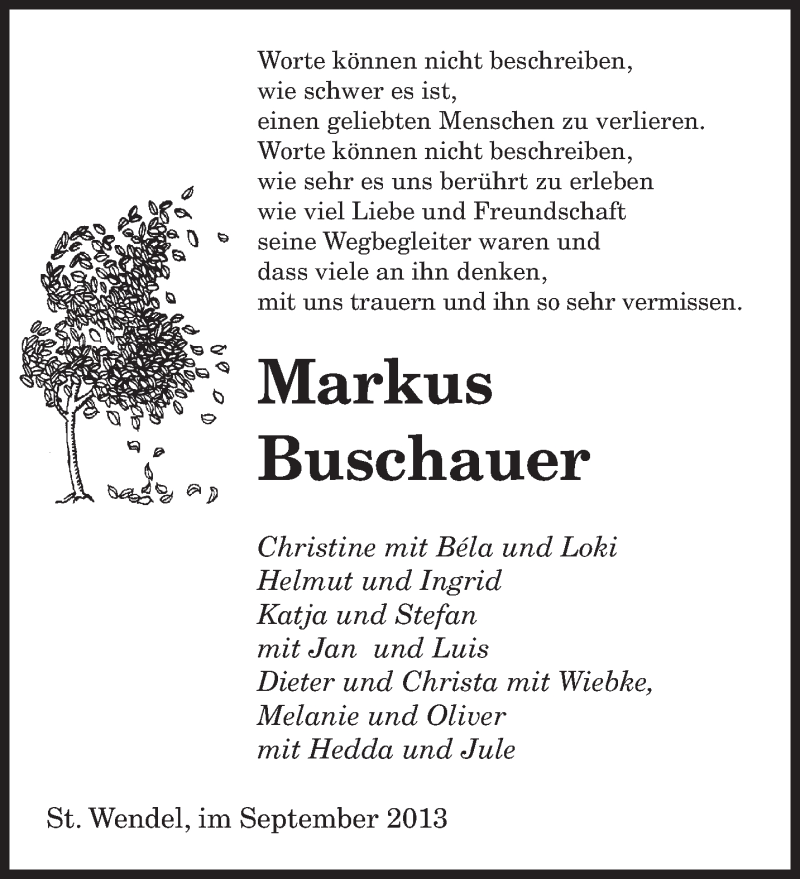  Traueranzeige für Markus Buschauer vom 28.09.2013 aus saarbruecker_zeitung