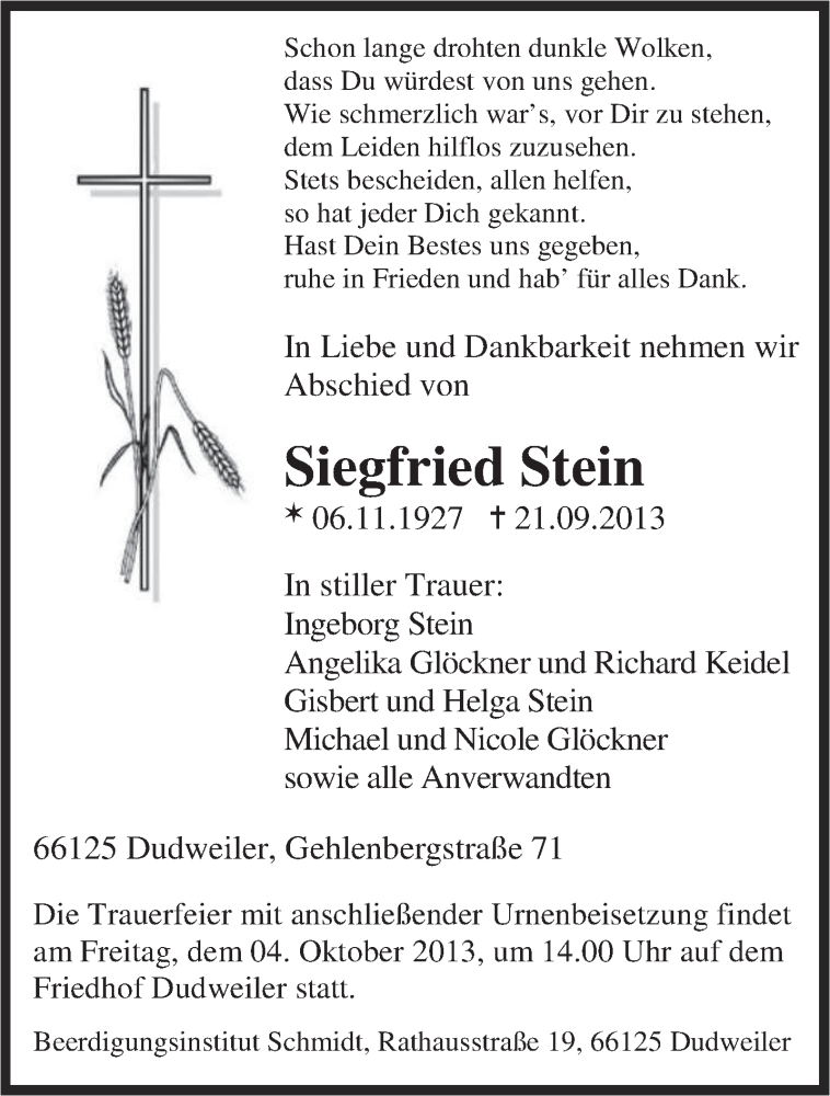  Traueranzeige für Siegfried Stein vom 28.09.2013 aus saarbruecker_zeitung