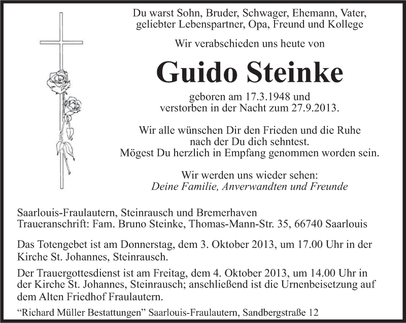  Traueranzeige für Guido Steinke vom 30.09.2013 aus saarbruecker_zeitung