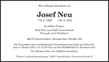 Traueranzeige von Josef Neu von saarbruecker_zeitung