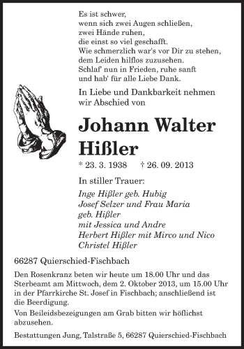 Traueranzeige von Johann Walter Hißler von saarbruecker_zeitung