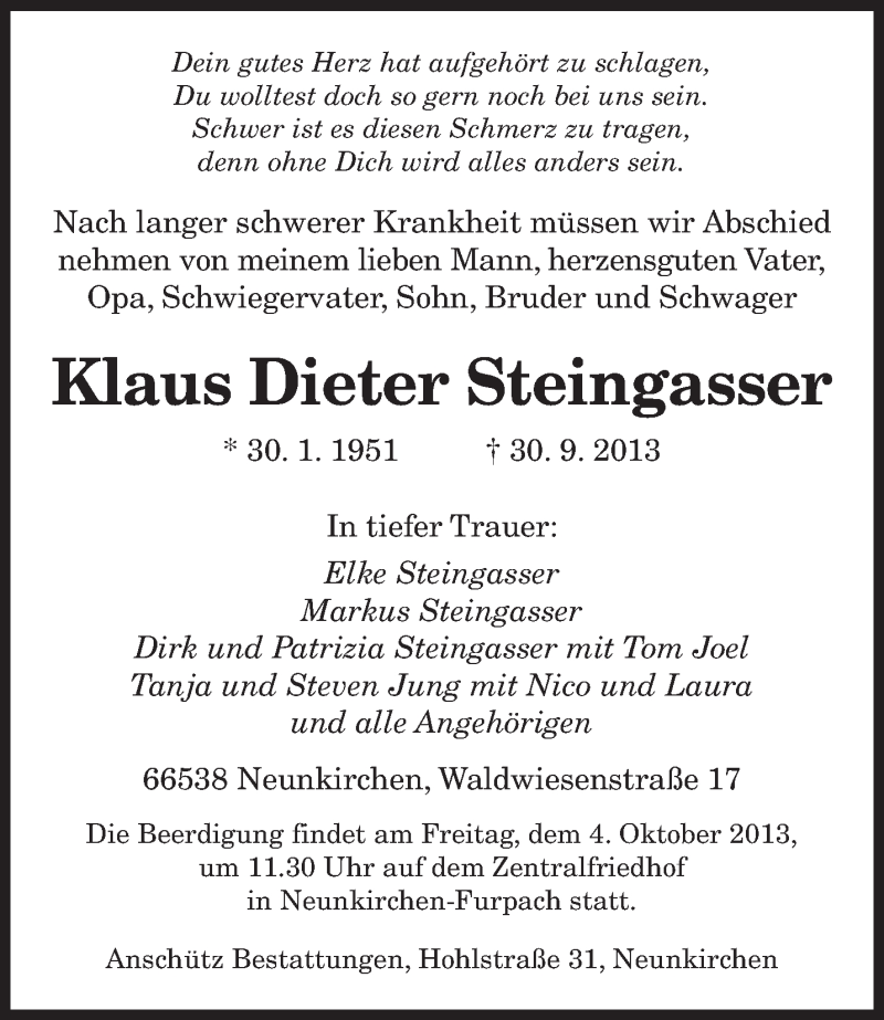  Traueranzeige für Klaus Dieter Steingasser vom 02.10.2013 aus saarbruecker_zeitung