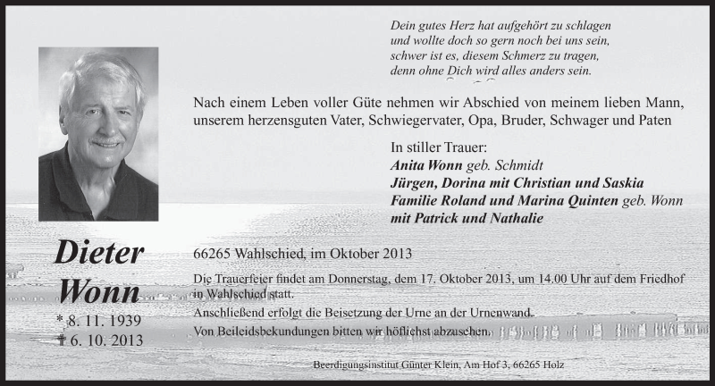  Traueranzeige für Dieter Wonn vom 11.10.2013 aus saarbruecker_zeitung