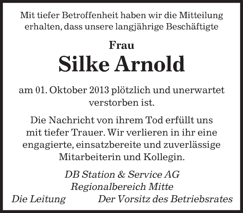  Traueranzeige für Silke Arnold vom 10.10.2013 aus saarbruecker_zeitung