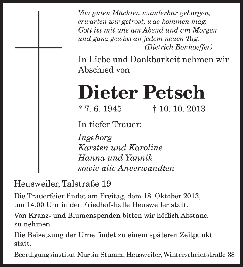  Traueranzeige für Dieter Petsch vom 16.10.2013 aus saarbruecker_zeitung