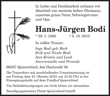 Traueranzeige von Hans-Jürgen Bodi von saarbruecker_zeitung