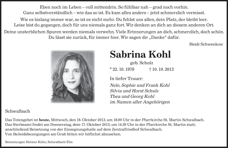  Traueranzeige für Sabrina Kohl vom 16.10.2013 aus saarbruecker_zeitung