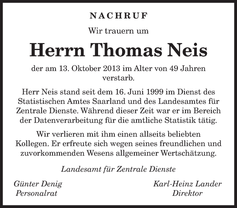  Traueranzeige für Thomas Neis vom 19.10.2013 aus saarbruecker_zeitung