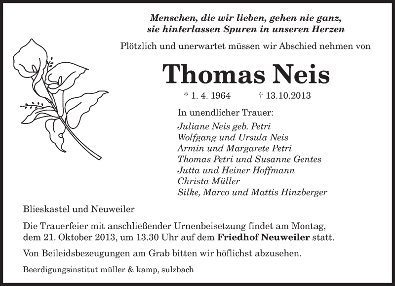  Traueranzeige für Thomas Neis vom 19.10.2013 aus saarbruecker_zeitung