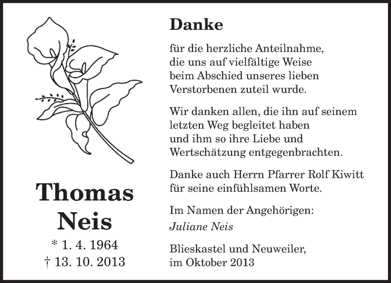  Traueranzeige für Thomas Neis vom 26.10.2013 aus saarbruecker_zeitung