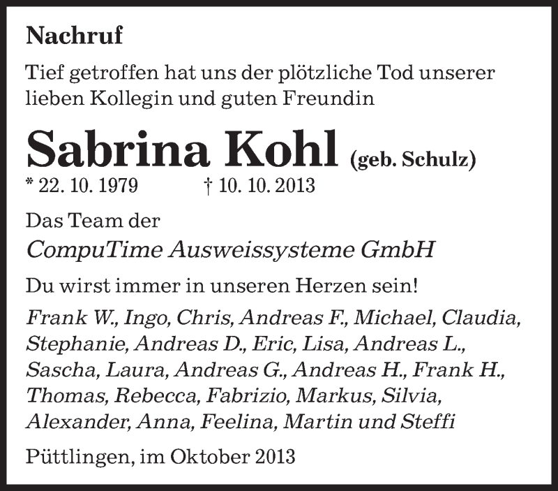  Traueranzeige für Sabrina Kohl vom 19.10.2013 aus saarbruecker_zeitung