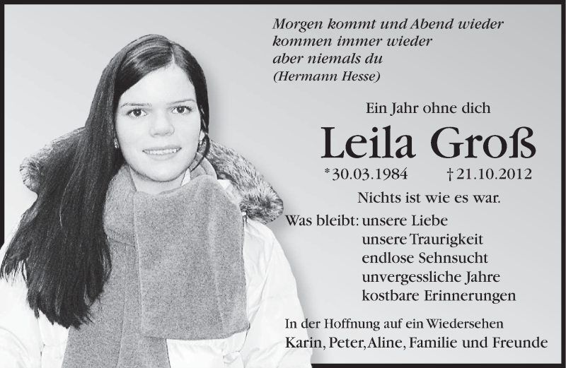  Traueranzeige für Leila Groß vom 21.10.2013 aus saarbruecker_zeitung