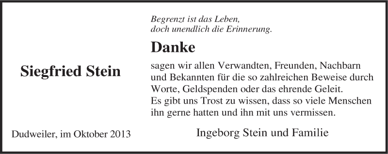  Traueranzeige für Siegfried Stein vom 19.10.2013 aus saarbruecker_zeitung