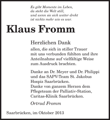 Traueranzeige von Klaus Fromm von saarbruecker_zeitung