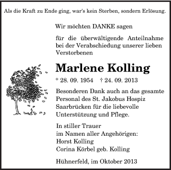 Traueranzeige von Marlene Kolling von saarbruecker_zeitung